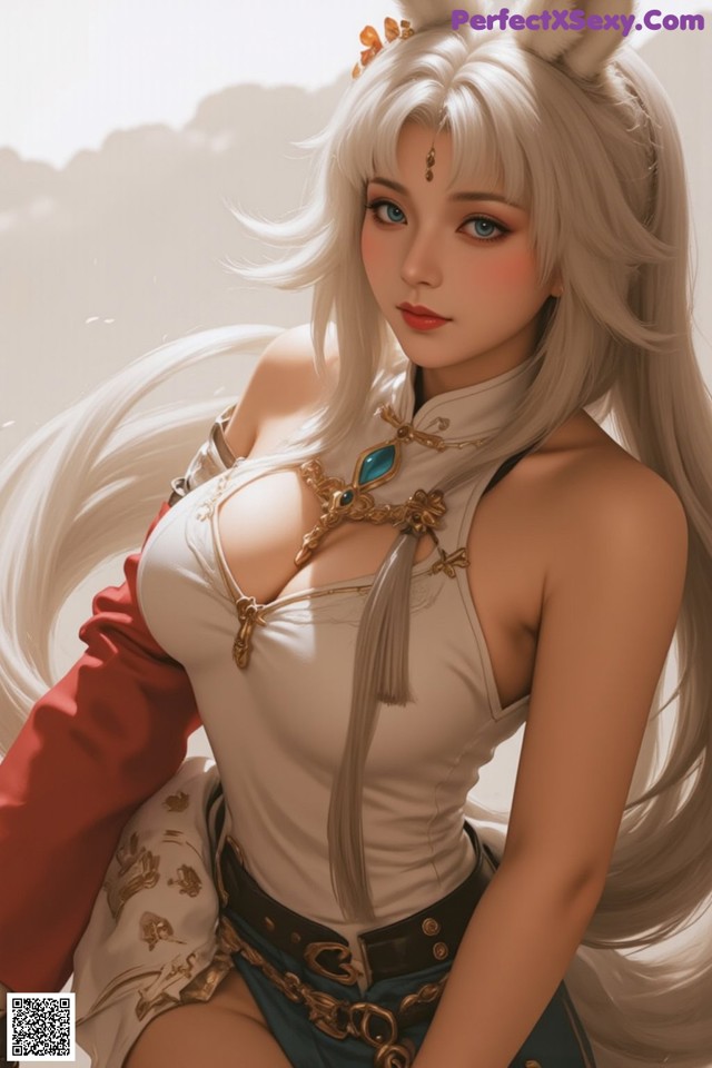 Hentai - Exotic Allure of the Untamed Lands Set.1 20250124 Part 11 No.c03b25 A woman with long white hair wearing a white top and blue skirt.