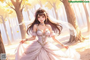 A woman in a wedding dress standing in the woods.