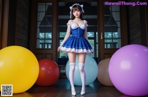 A woman in a blue and white dress and stockings posing for a picture.