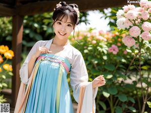 A woman in a white kimono posing for the camera.