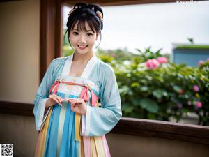 A woman in a colorful dress standing in a garden.