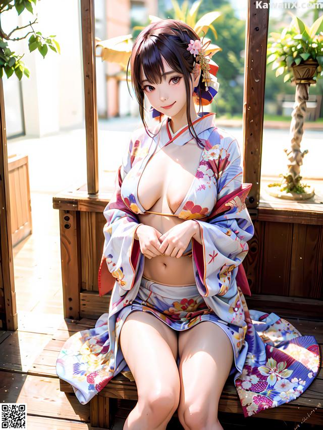 A woman in a kimono sitting on a wooden bench.