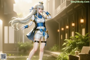 Anime girl with long blonde hair wearing a blue and white outfit.