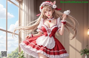 A woman in a red and white dress with long blonde hair.