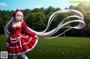 A girl in a red and white dress sitting on the grass.