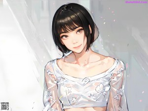 A girl in a white dress sitting on a bed.