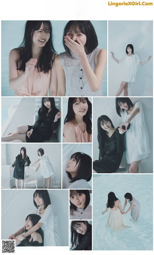 A collage of photos of a woman in a white dress.