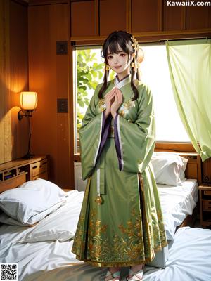 A woman in a chinese dress standing in front of a tree.