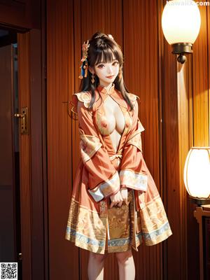 A woman in a blue and gold dress sitting on a bed.