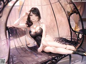A woman in a black latex outfit sitting on a table.