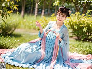 A woman wearing a colorful hanbok standing in front of a window.