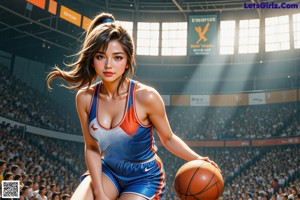 A woman holding a basketball on a basketball court.