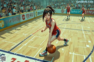 A woman holding a basketball on a basketball court.