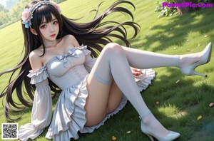 A woman in a white dress and stockings posing for a picture.
