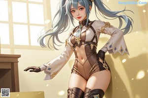 A woman with long blue hair sitting on a ledge.