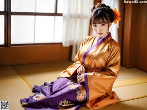 A woman in a blue kimono posing for the camera.