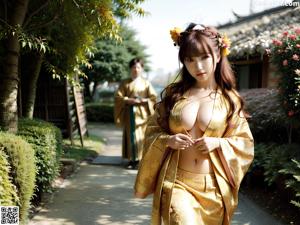 A woman in a kimono sitting on the grass in a park.