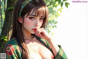 A naked woman in a kimono standing in the woods.