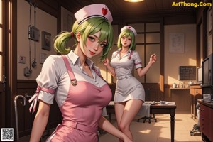 A woman in a nurse outfit holding a candle.