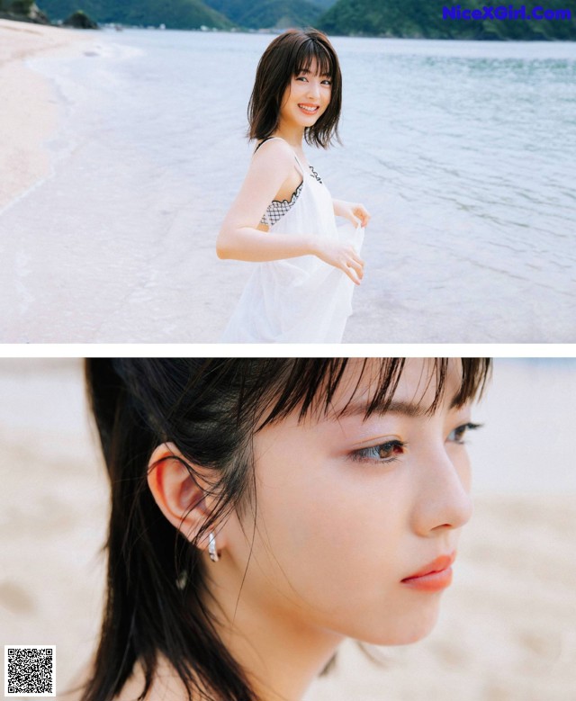 A woman in a white dress standing on a beach.