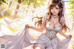 a woman in a wedding dress standing in the woods