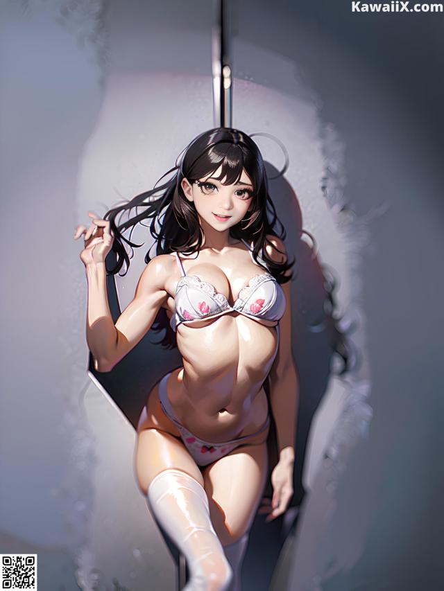 A woman in a bikini sitting on a pole.