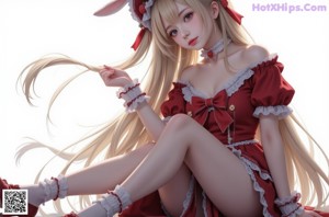 A woman in a red dress sitting on top of a bed.