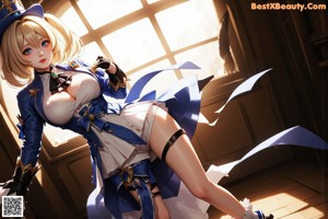 A woman in a blue and white outfit holding a sword.