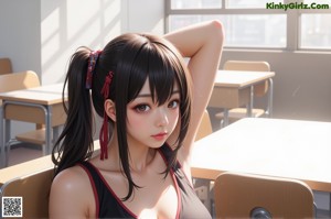 A naked anime girl sitting on a chair in a restaurant.