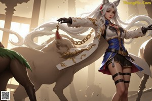 A woman in a red and blue outfit holding a sword.