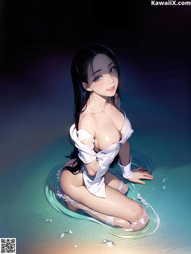 A woman in a white dress is sitting in the water.