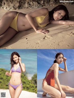 A woman in a bikini standing on a beach.
