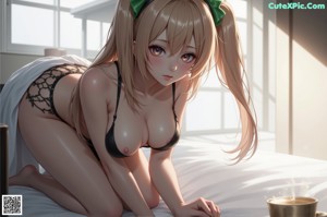 A naked anime girl sitting on a bed with a green leaf on her head.