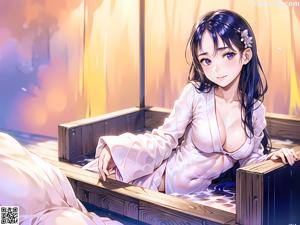 A woman in a purple kimono sitting on a wooden box.