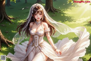 A woman in a wedding dress standing in the woods.