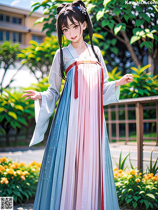 A woman in a blue and pink dress standing in front of a building.