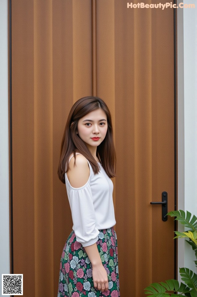 A woman standing in front of a wooden door.