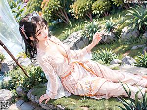 A woman in a white robe sitting on a bed.