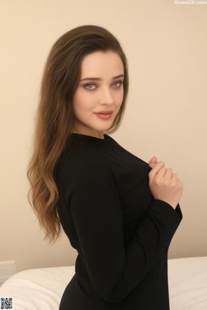 A woman sitting on top of a bed wearing a blue top.