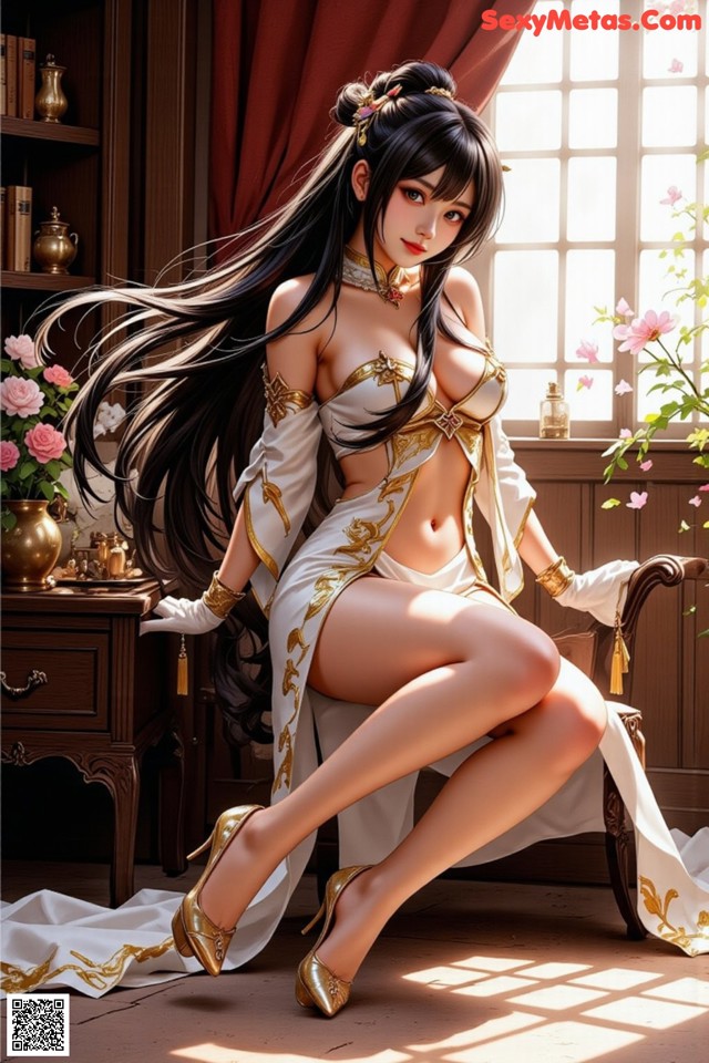 Hentai - The Frozen Elegance That Melts Starlight Set.2 20250106 Part 8 No.80b792 A woman in a white and gold outfit sitting on a chair.