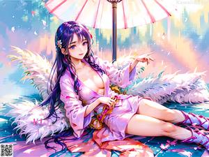 A woman in a pink kimono standing in front of a table.