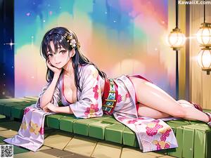 A woman in a kimono standing in a room.